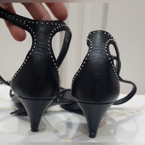 SAINT LAURENT Charlotte Black Studded Ankle Wrap Sandal / Heels Size 38 / US 8 - Picture 4 of 13